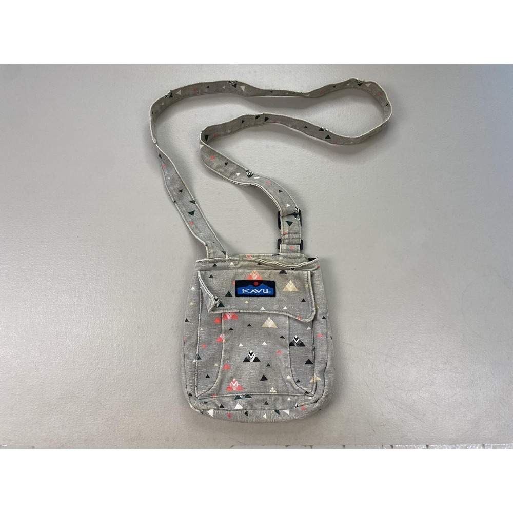 KAVU Keeper Crossbody Bag Women Small Gray Canvas Geometric Triangle Retro Purse